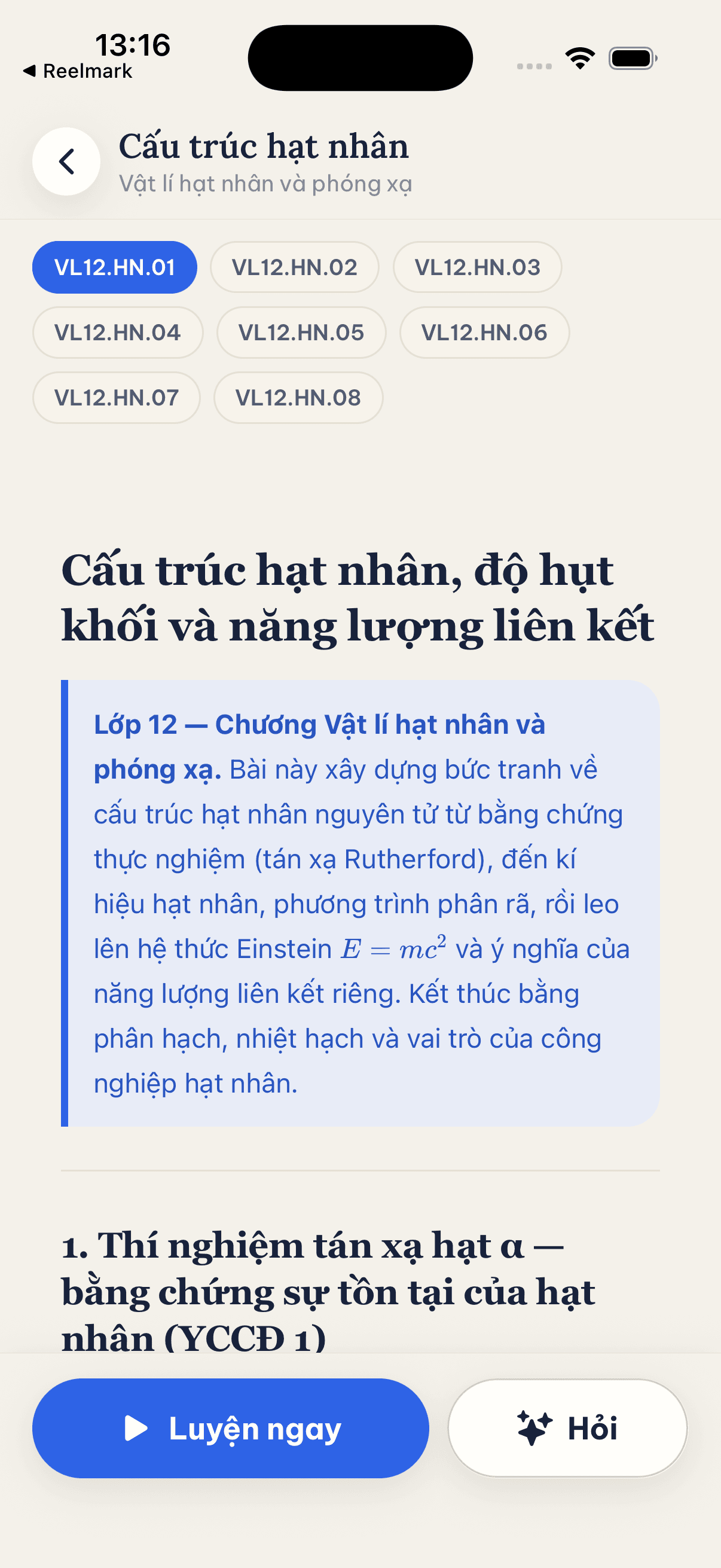 Màn hình bài học Vật lý với công thức LaTeX