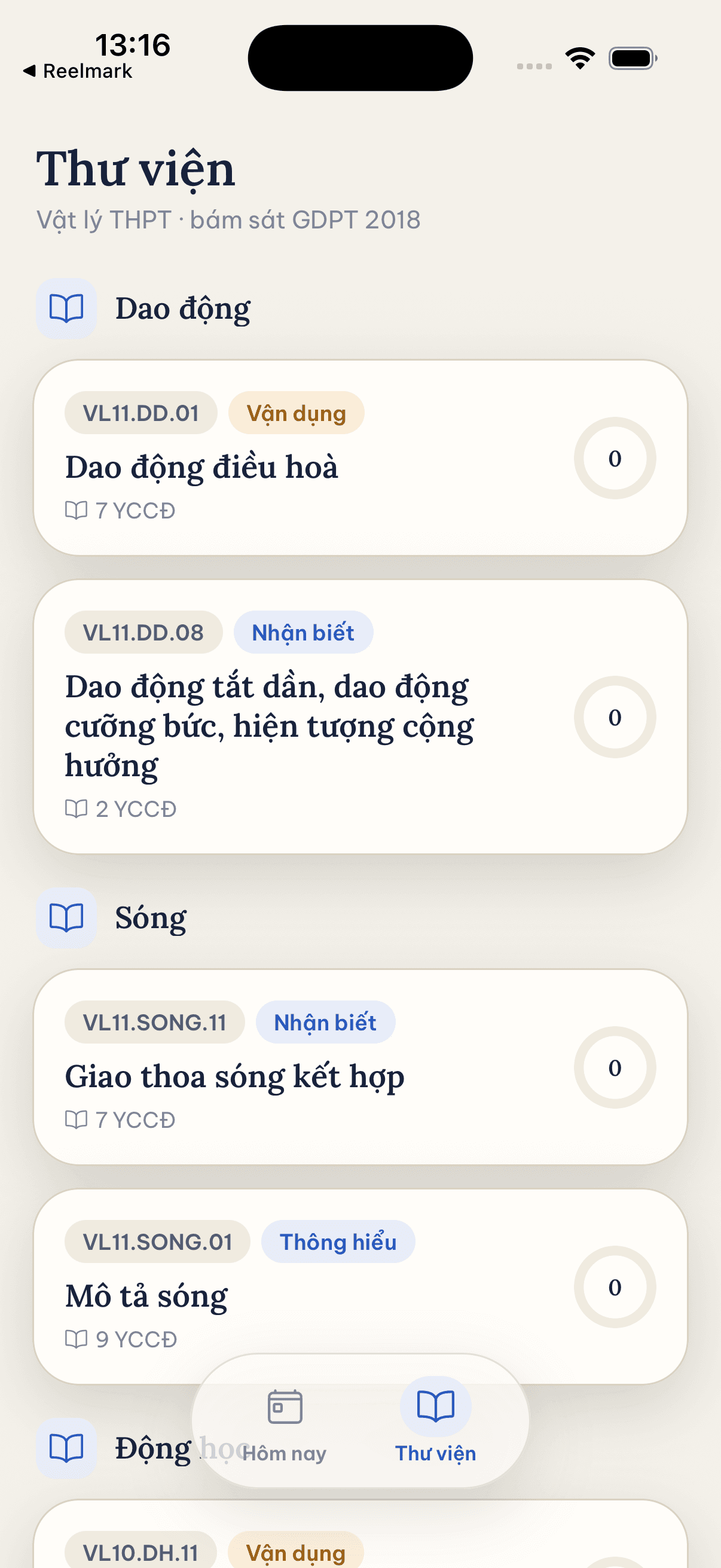 Màn hình thư viện nội dung theo chương