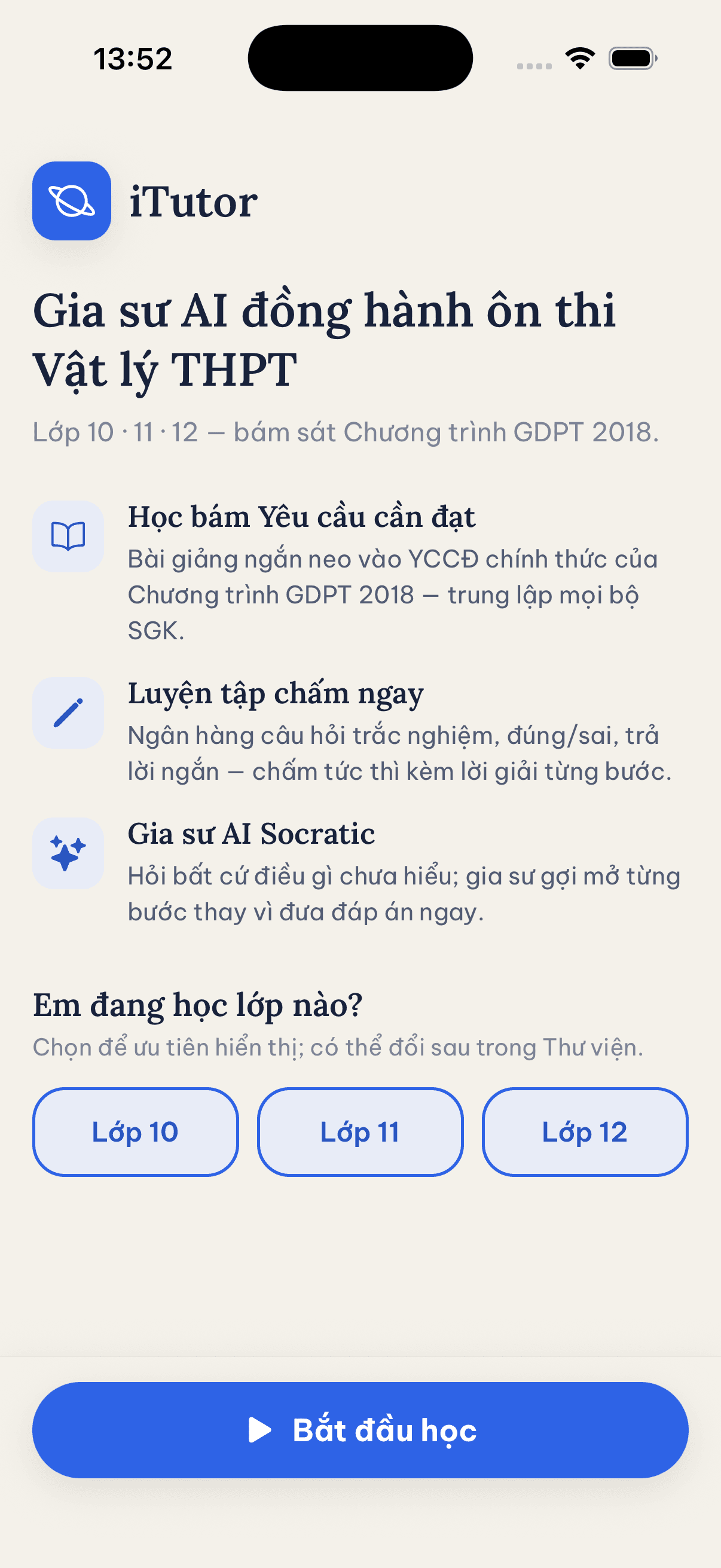 Màn hình onboarding chọn lớp và môn