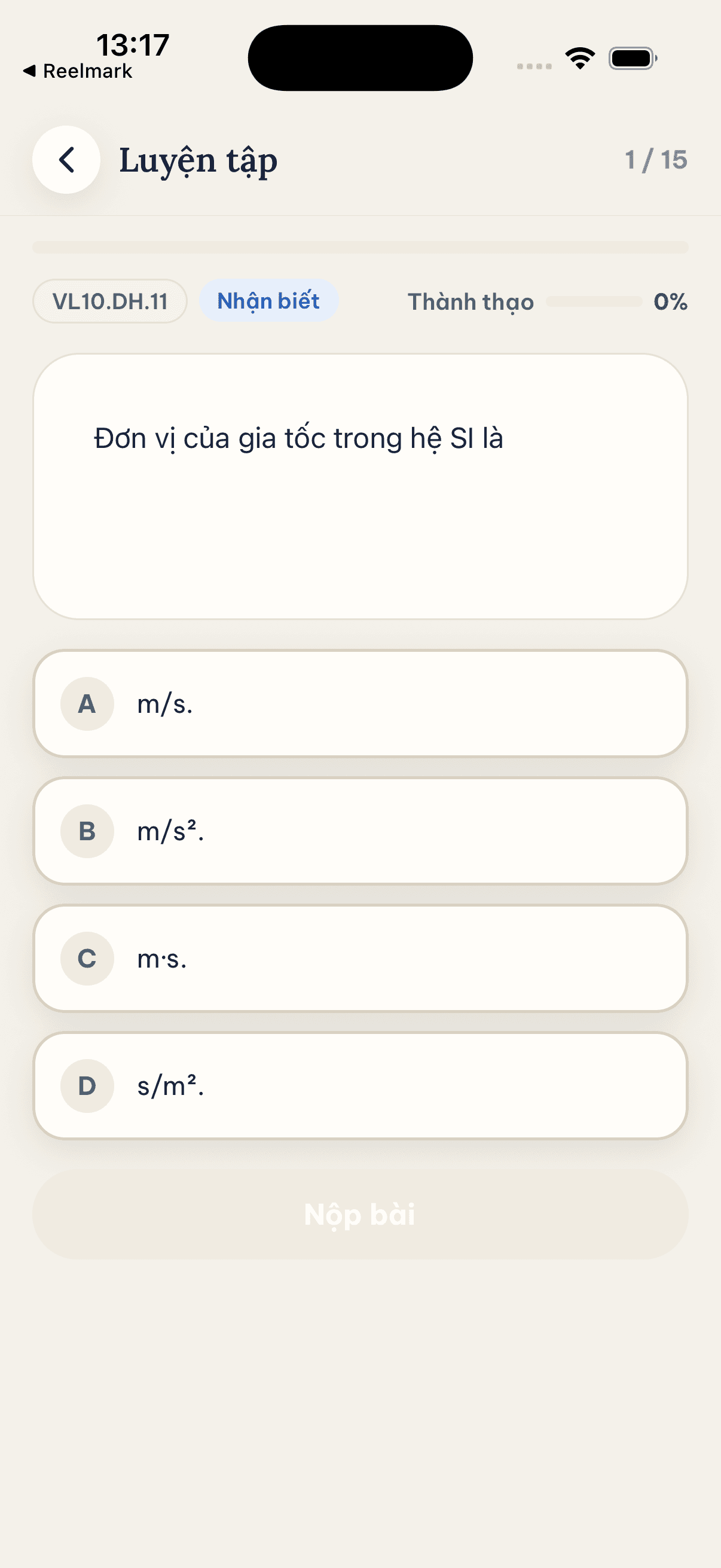 Màn hình luyện tập câu hỏi