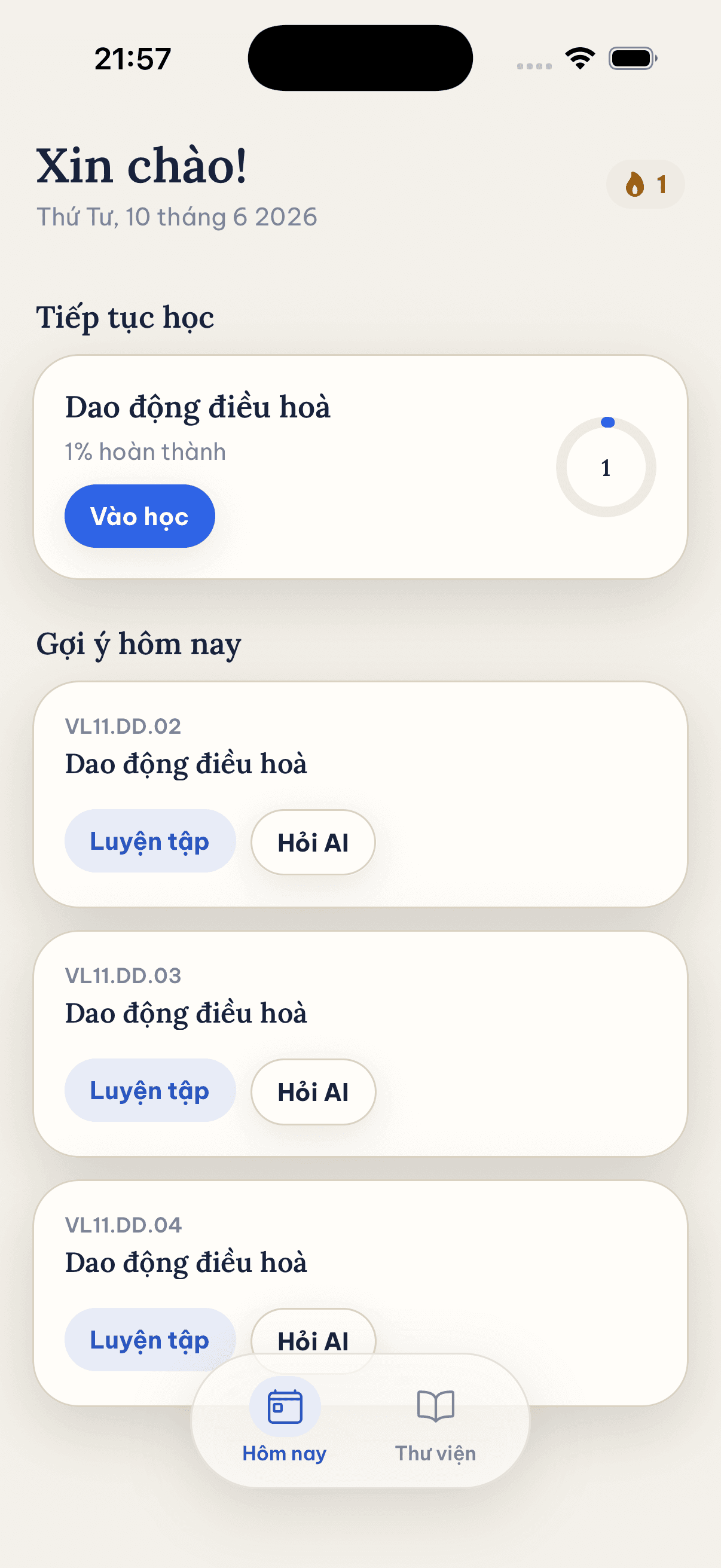 Màn hình hôm nay: progress ring và gợi ý YCCĐ